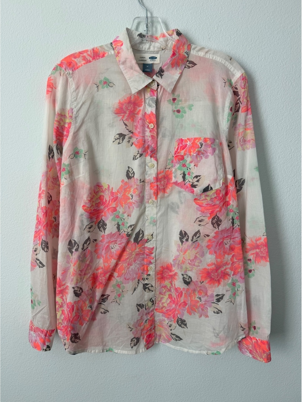Old Navy Long Sleeve Button Front Colorful Floral Sheer Shirt Women's Size M
